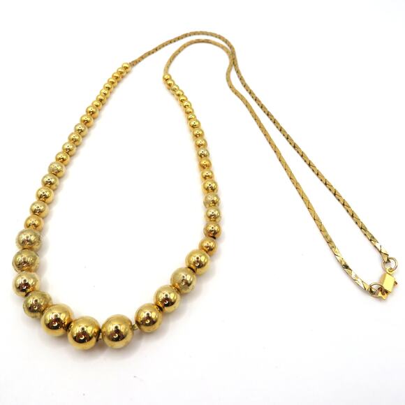 Vintage Gold Tone Beaded Necklace with Flat Herringbone Chain and Box Clasp - Picture 3 of 11